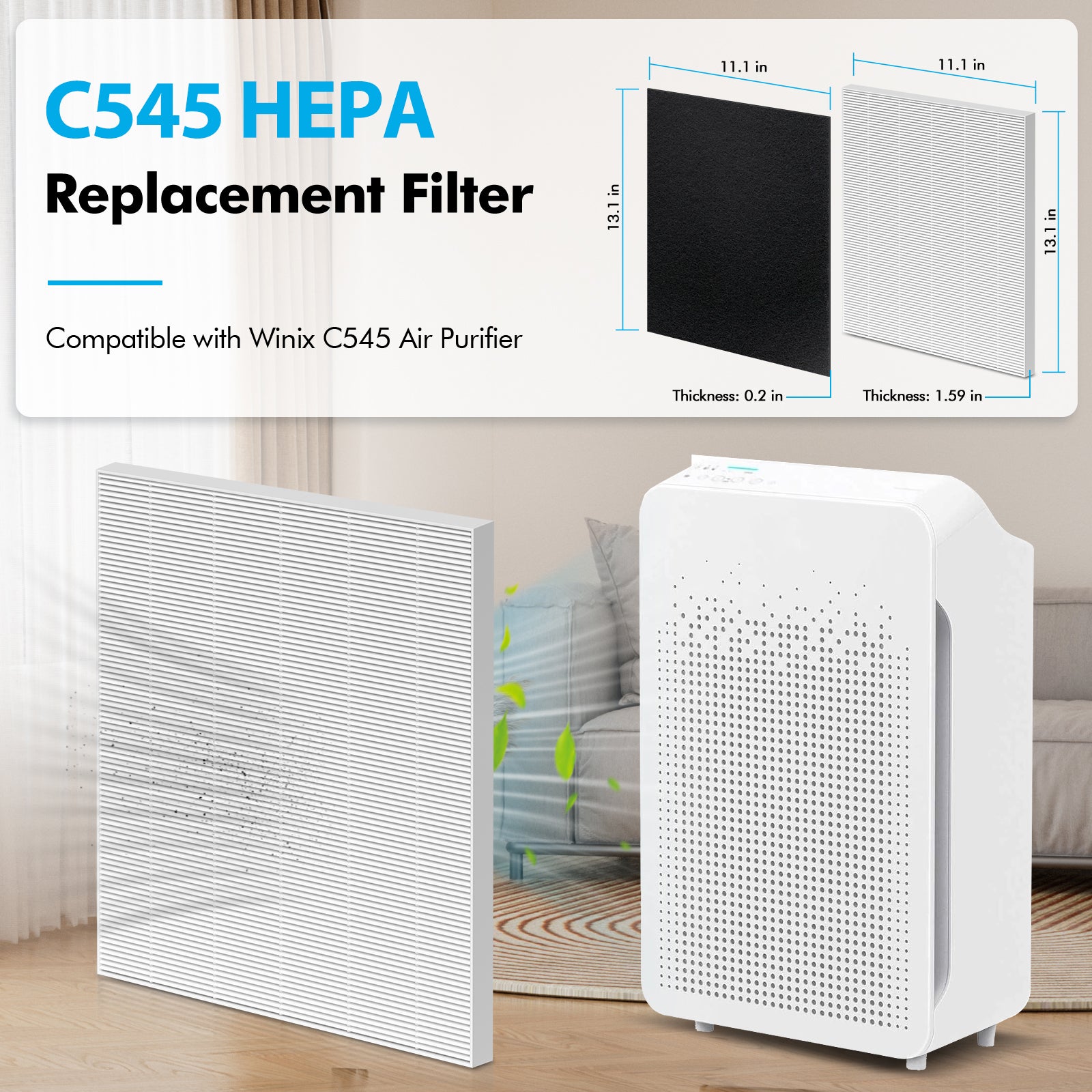 C545 HEPA Replacement Filter Compatible with Winix C545 Air Purifier Type S, 2 Pack H13 Ture HEPA & 8 Activated Carbon Pre-Filter