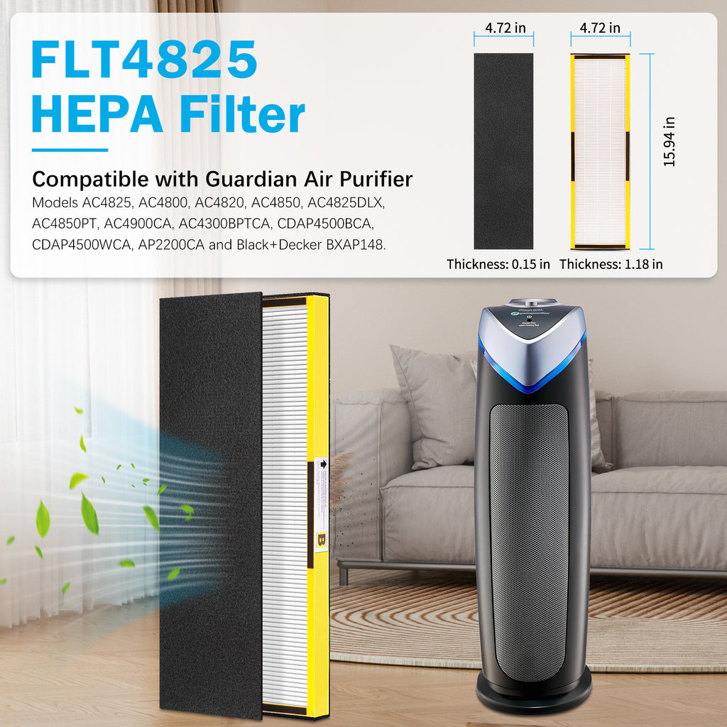 FLT4825 Filter B HEPA Pure Replacement Compatible with GermGuardian AC4825, AC4825E, AC4300, AC4800, AC4900, AC4850 Air Purifier, 4 Pack