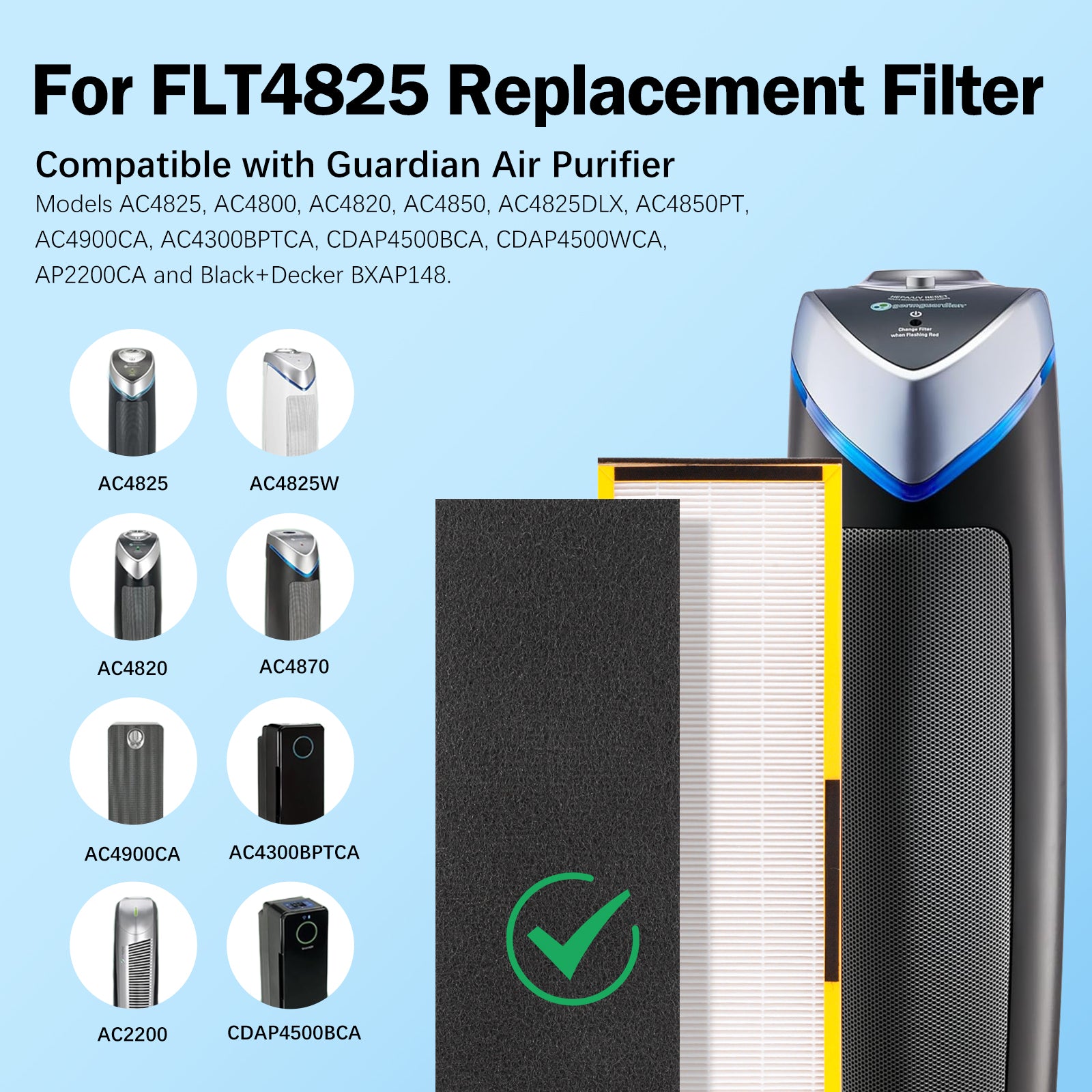 FLT4825 Filter B HEPA Pure Replacement Compatible with GermGuardian AC4825, AC4825E, AC4300, AC4800, AC4900, AC4850 Air Purifier, 4 Pack