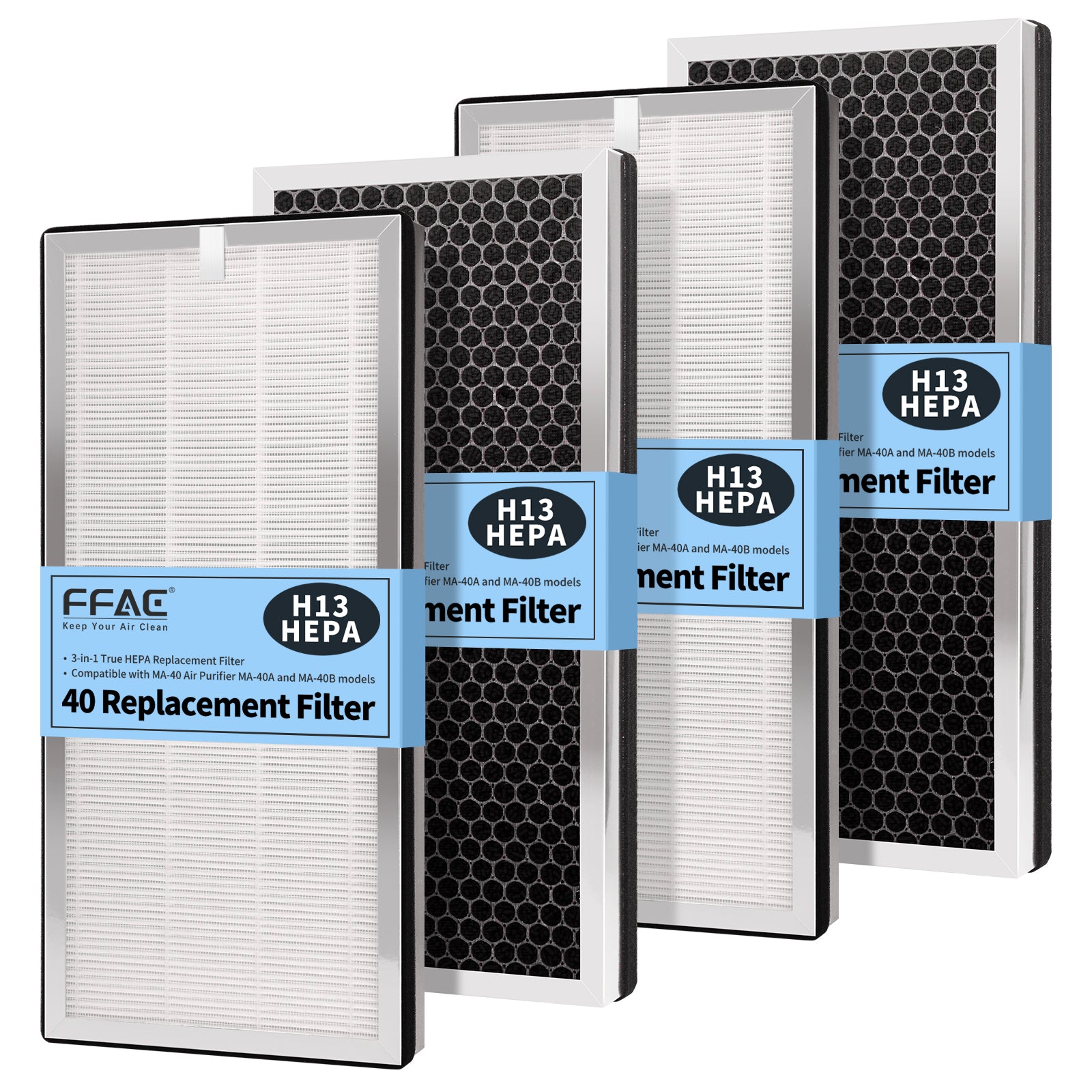 4 Pack MA-40 Replacement Filter Compatible with MA-40 Air Purifiers, 3-in-1 High-Efficiency Filtration System for MA40W MA40B, H13 True HEPA with Pre-Filter