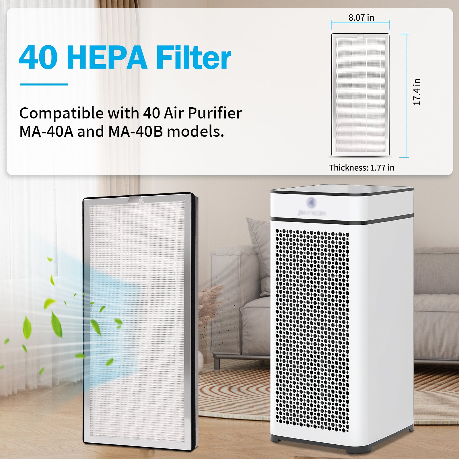 4 Pack MA-40 Replacement Filter Compatible with MA-40 Air Purifiers, 3-in-1 High-Efficiency Filtration System for MA40W MA40B, H13 True HEPA with Pre-Filter